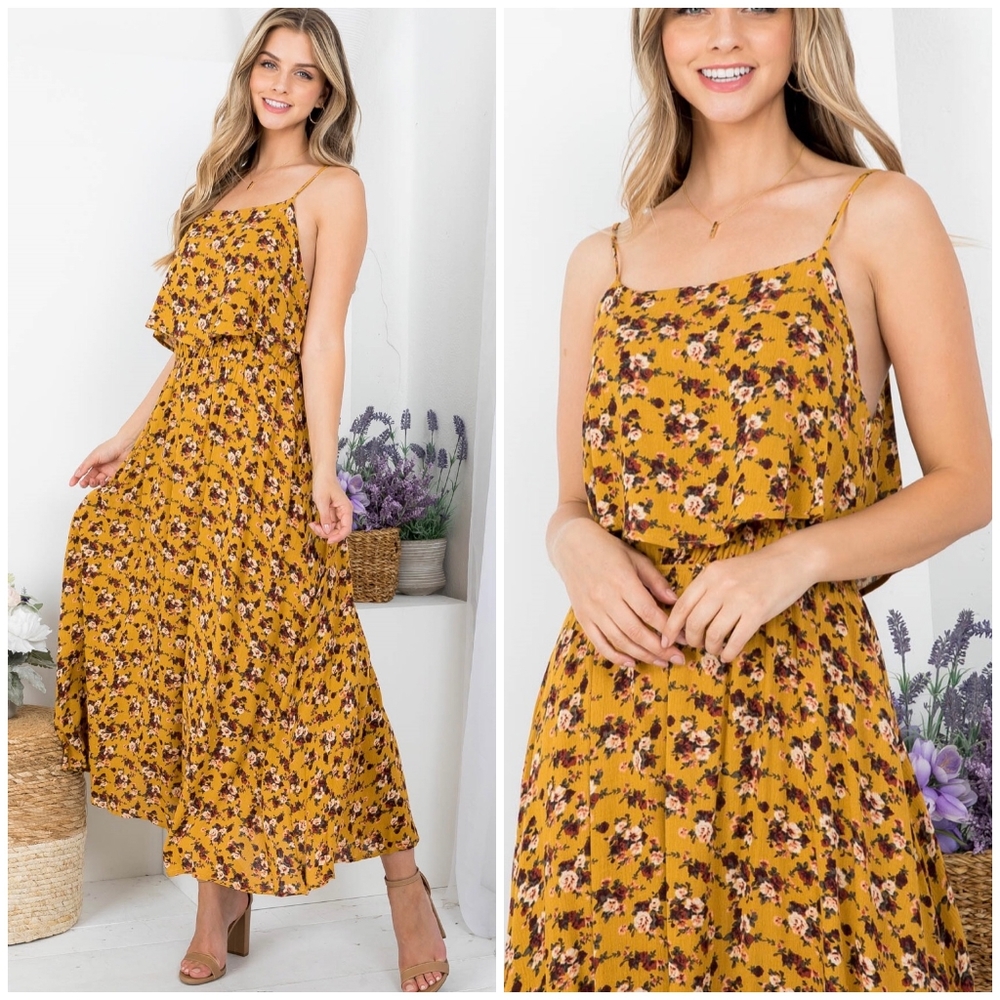 AUDREY 3+1 Mustard Floral Flounce Top Spaghetti Straps Maxi Dress